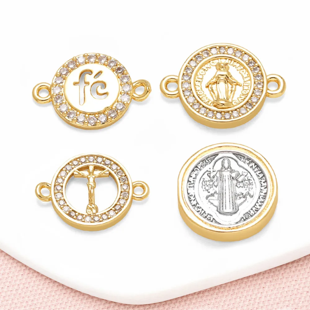 OCESRIO white Crystal Virgin Mary Round Charms for Bracelet Copper Gold Plated FE Cross Handmade Keychain Purse Charm chma458
