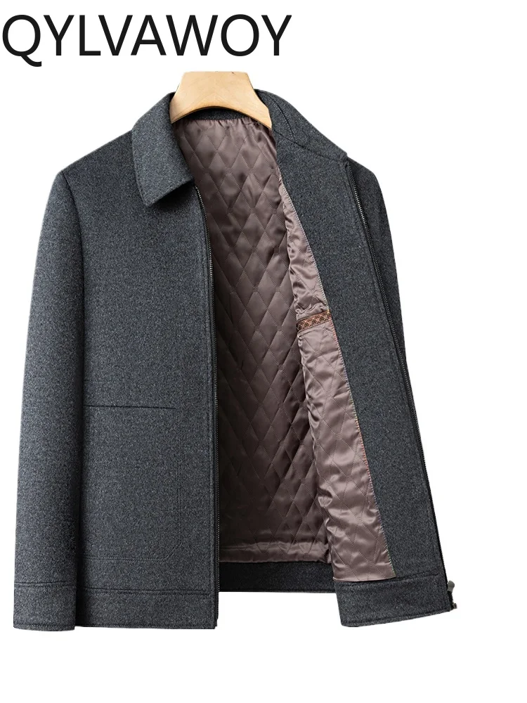 

QYLVAWOY 100% Pure Wool Men's Short-Sleeve Jacket Woolen Outerwear Autumn Winter Thickened Middle-Aged Dad's Outfit Lapel LJ2230