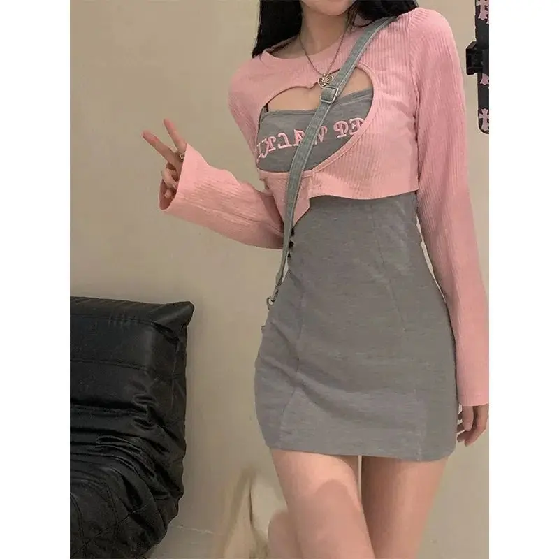 2023 Spring and Summer Fashion Korean Chic Sweet and Spicy Embroidery Wrap Hip Strap Dress Pink Hollow Out Cover Two Piece Sets