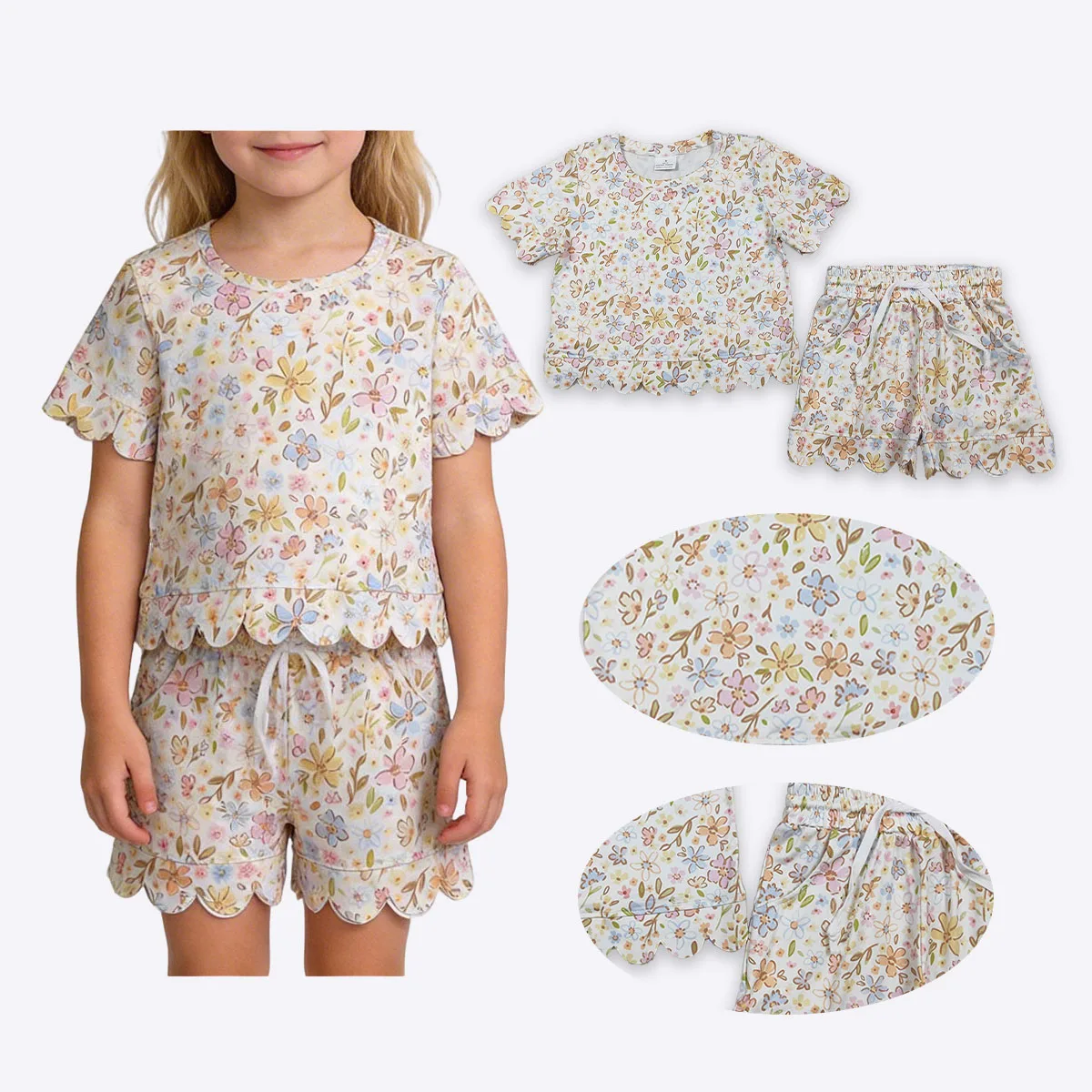 

Kids Baby Girls Short Sleeve Colorful Flowers Top Shorts Scallop Cute Clothes Set Toddler Children Boutqiue Clothing Wholesale