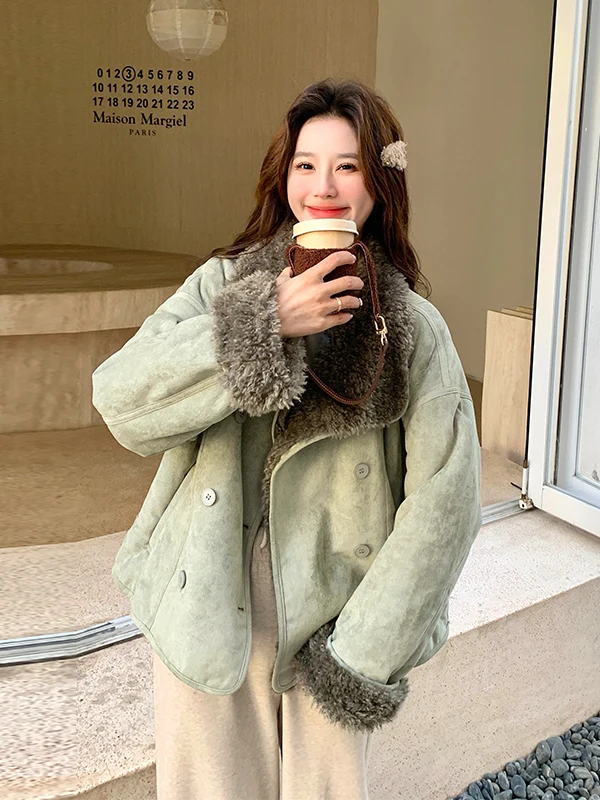 Ladies ort Thiened Fce Lined Lamb Fur Jaet Warm Casual Sle Women's Coat Korean Version Cotton Clothes Top