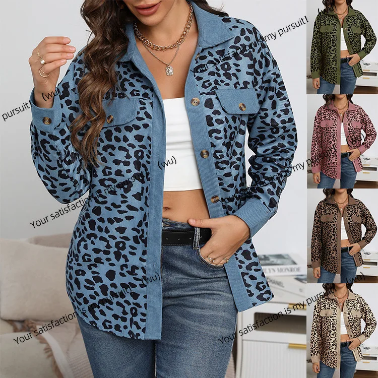 

New fashionable large-size women's corduroy jacket leopard print loose single-breasted long-sleeved jacket