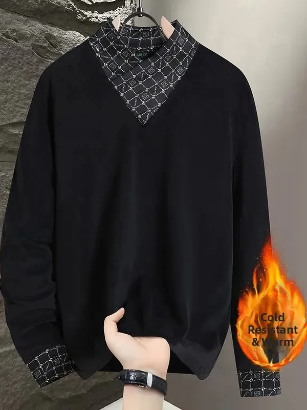 

High-End Men's Long Sve Fce Lined Hoodie Faionable Warm Cold Resistant Base Layer irt Autumn Winter New Arrival Pat...