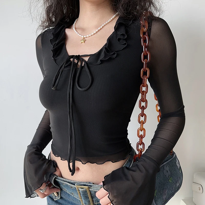 HELIAR Women Solid Slim Sexy T-shirt Mesh Flare Sleeve Ruffles Casual Office Crop Top Lace-up Streetwear Blouse  Autumn Tee