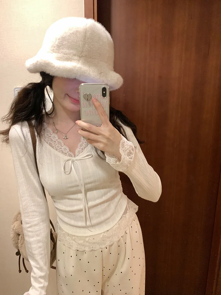 Dongda Gate dentelle v-ne tricoté Base irt femmes longue Sve noeud taille coupe ajustée doux au toucher décontracté Sle haut