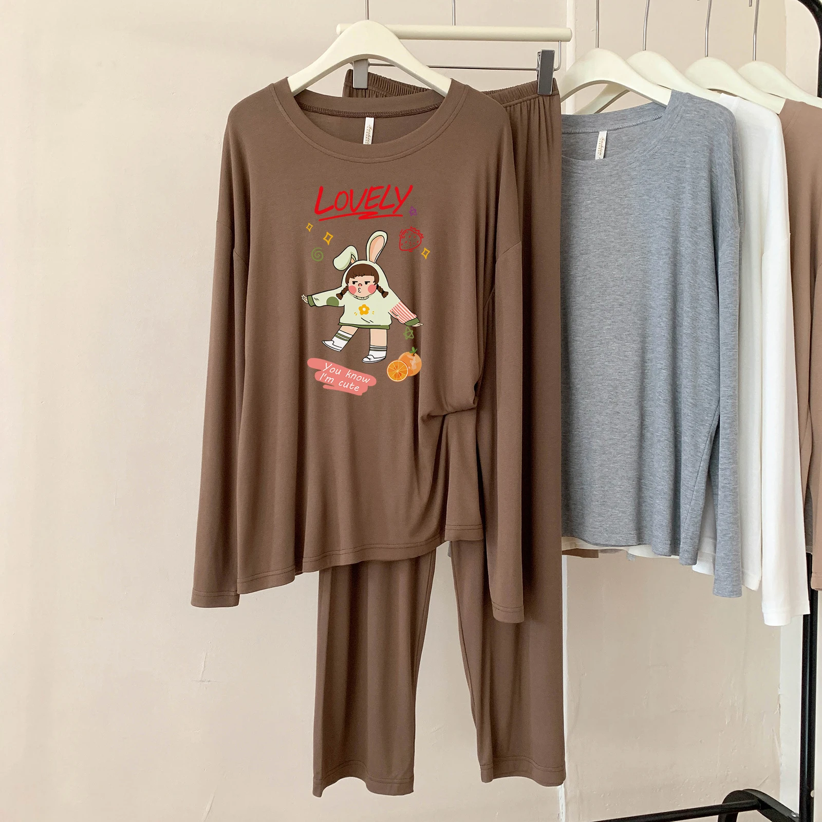 5117-304 Modal Pajamas for Women, Spring and Autumn New Style, Casual, Simple, Solid Color, Round Neck, Long Sleeves, Comfortable