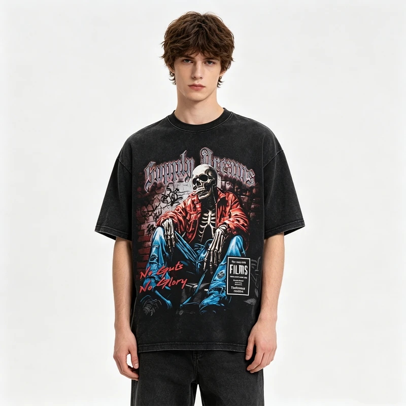 Schwarzes Western Cowboy Pferde-Grafik T-Shirt für Herren Vintage Distressed Acid Wash Strass T-Shirts Lässige Sommer-Oberteile – Detail 4