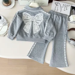 Girls' Trouser Suit Autumn New Girls' Lapel Long Sleeve Bow Hoodie + Trousers Casual Two-piece Set  Girl Clothes