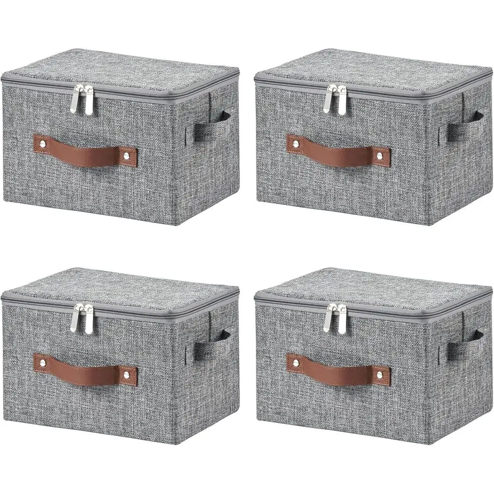 

4 Pack Storage Bins with Zipper Lid Cotton Linen Fabric Lidded Storage Baskets Boxes Foldable Washable Closet Shelf Clothes Orga