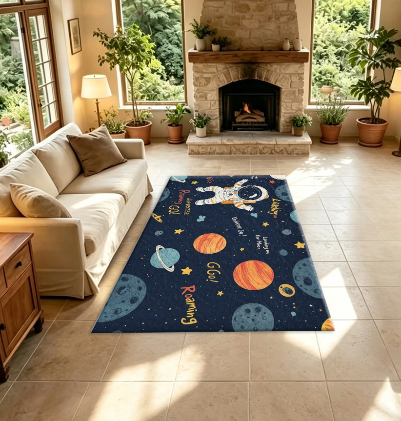 Cartoon Space Astronaut Planet Rug, Universe Galaxy Stars Non-Slip Floor Carpet, Suitable for Boys' Playroom Bedroom Home Decoration