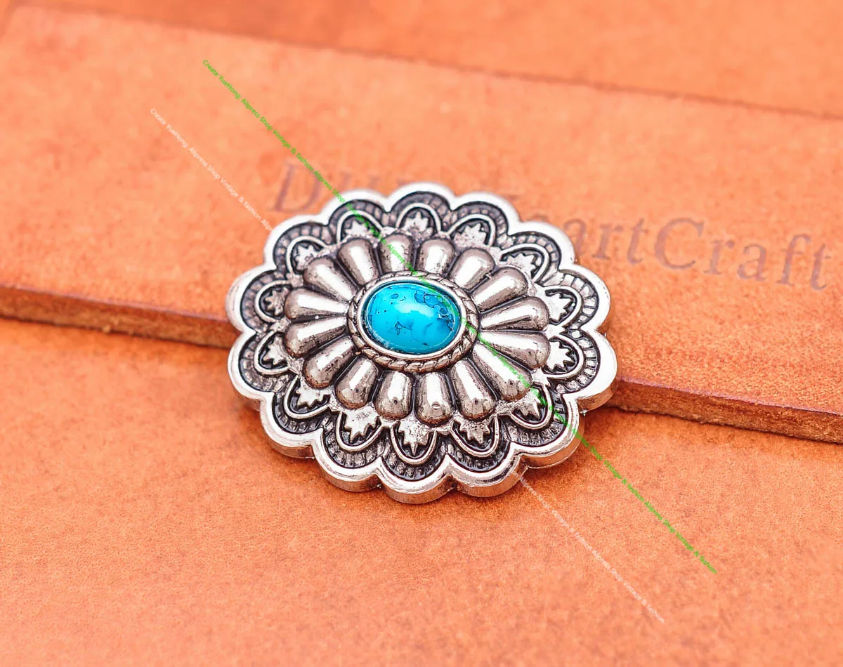 35*28MM Antique Silver Ethnic Indian Flower Art Sky Blue Turquoise Concho Screwback For Leathercraft Belt Bag Hat Hardware