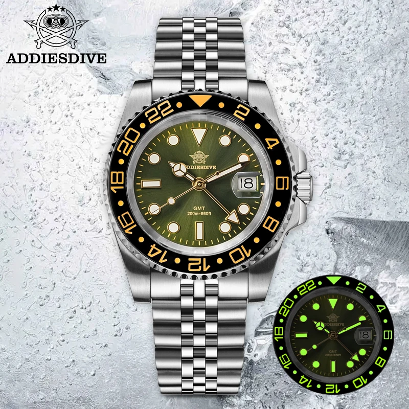 Addiesdive AD2050 ساعة GMT للرجال السويسرية روندا 515-24 BGW9 سوبر مضيئة 20Bar مقاوم للماء reloj ساعات كوارتز
