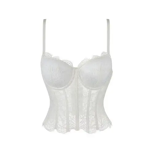 El doble halter de encaje de malla blanca con copa para mujer es un corsé sin tirantes y un prenda moldeadora para mujer