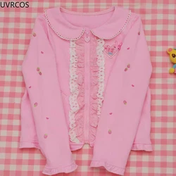 Japanese Kawaii Lolita Style Peter Pan Collar Coats Sweet Cartoon Embroidery Short Jacket Y2k Aesthetic Grunge Pocket Women Tops