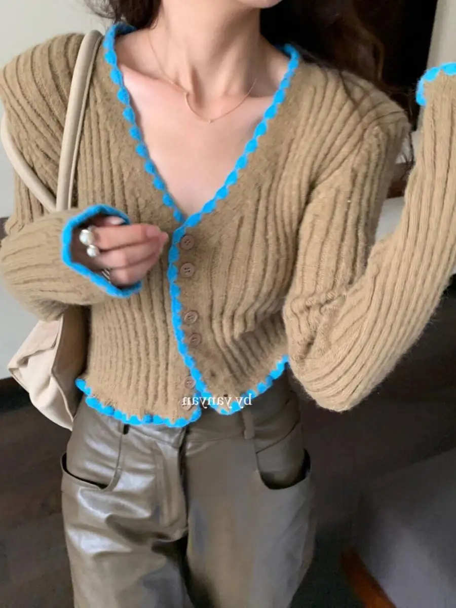 البلوزات لاعبا بالأزرار النسائية امرأة نحى القطن صدفي حافة منتصف طول المدرسة Y2Kcher Preppy الأكاديمية العلمية الدافئة