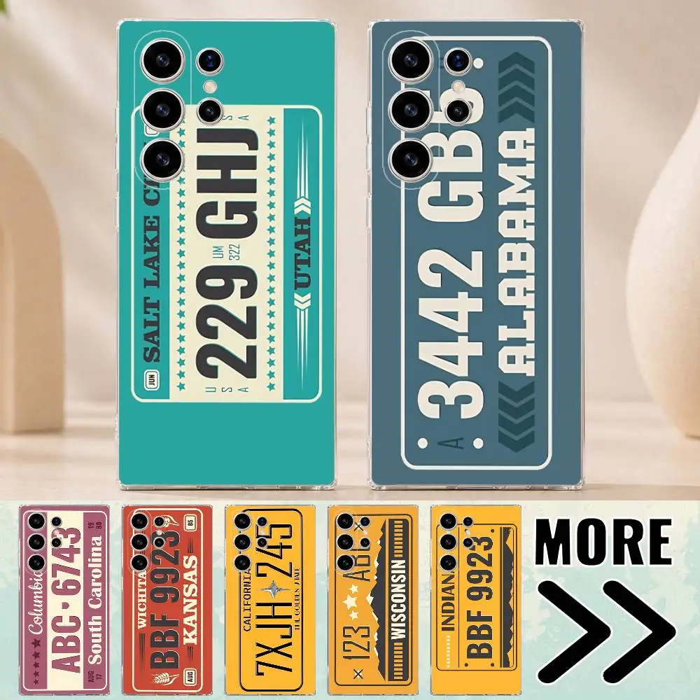 

Retro Vintage License Plate Car Phone Case for Samsung Galaxy S21 22 23 Ultra Plus S24 25 26 FE Lite Transparent Bumper