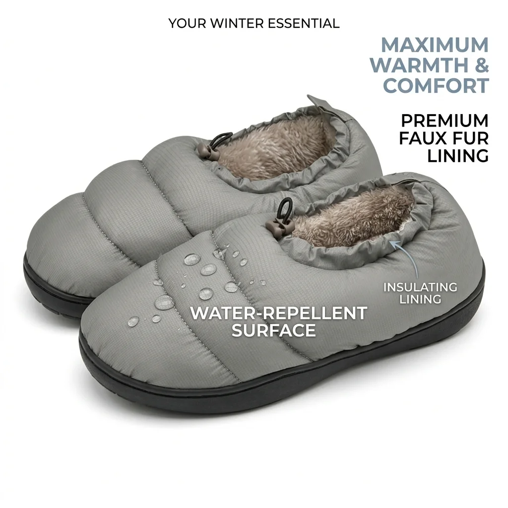 Women Men Winter Closed Back Slippers Water   Repellent Down Upper Faux Fur Lining Warm Home Indoor Outdoor Slip On Cotton Shoes