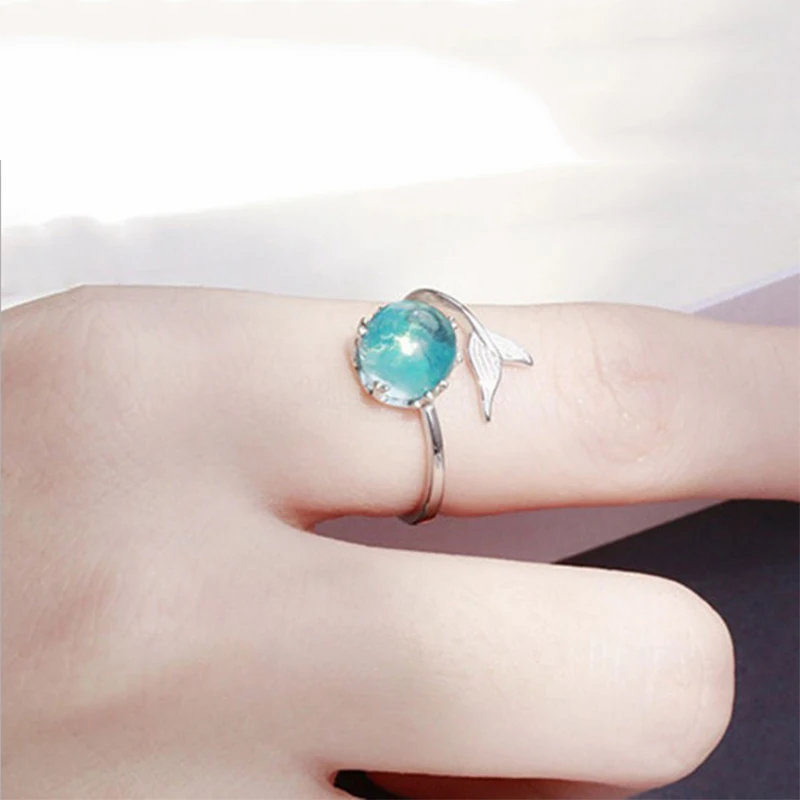 Mermaid Open Fish Tail Ring Blue Opal Adjustable Ring for Women