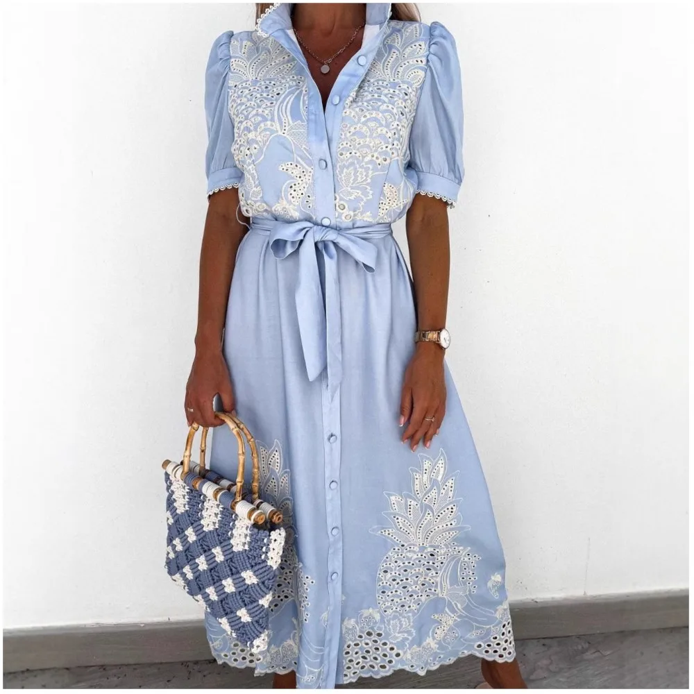 أزياء من الدانتل الدانتيل المرقعة قميص نسائي فستان أنيق الصيف الدانتيل متابعة الخصر محرك الإناث كبيرة سوينغ الوقوف طوق فساتين