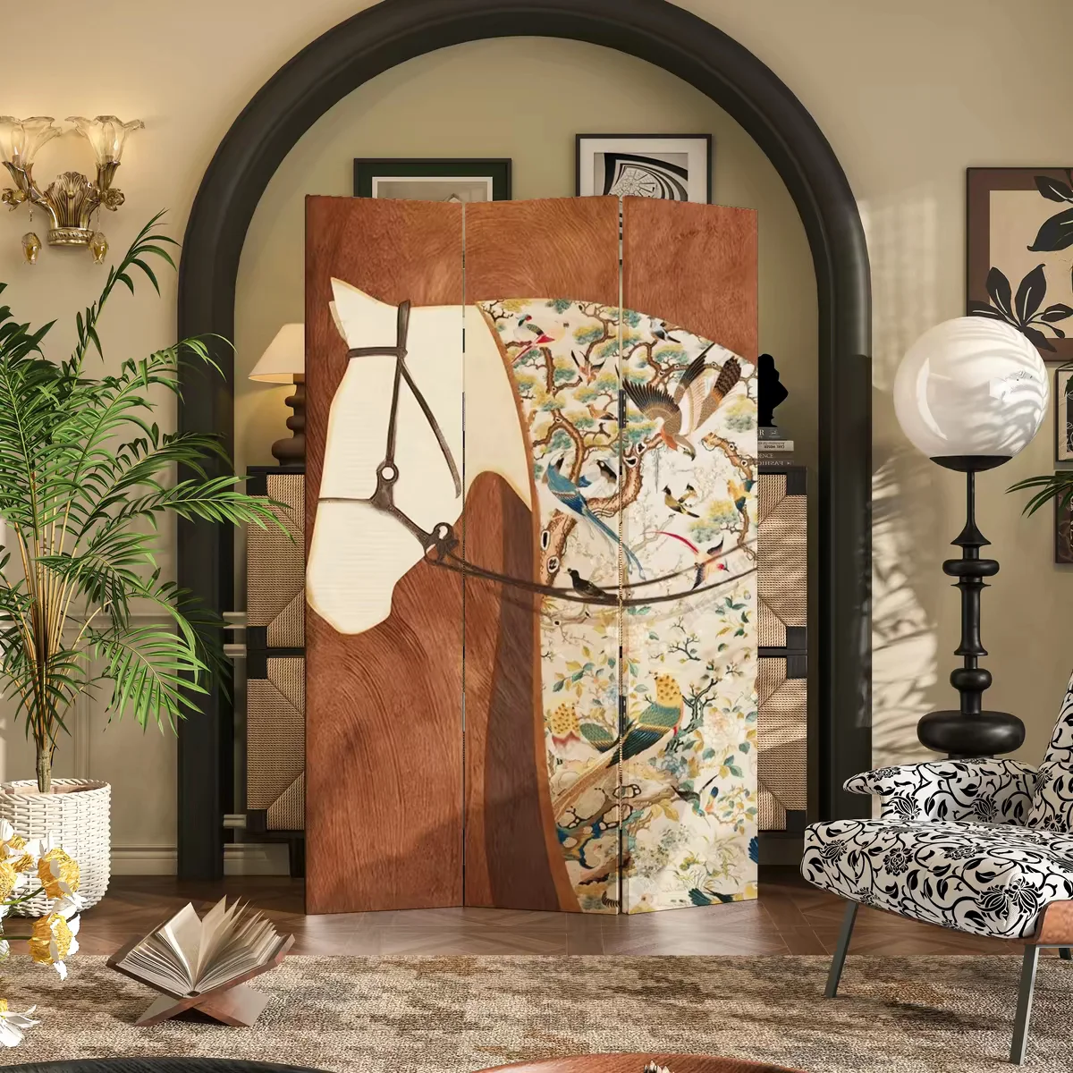 Vintage screen partition for living room, home cover, foldable mobile bedroom decoration, modern office with a sophisticated bac