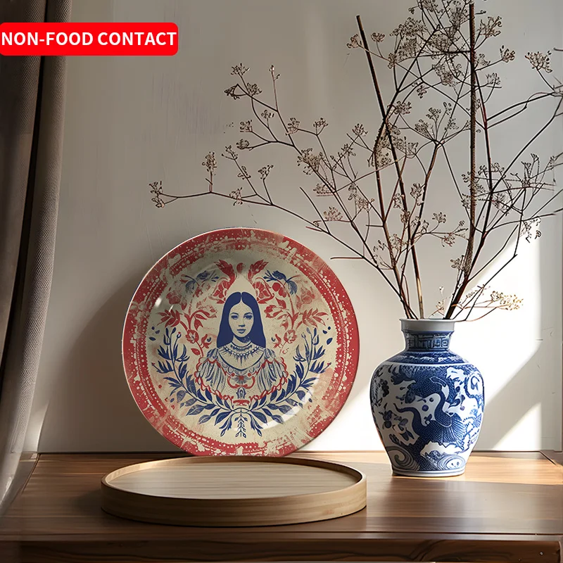 1pc Vintage European Hand-Painted Ceramic Decorative Plate - Elegant Woman with Blue Hair & Floral Design, Non-Food Contact