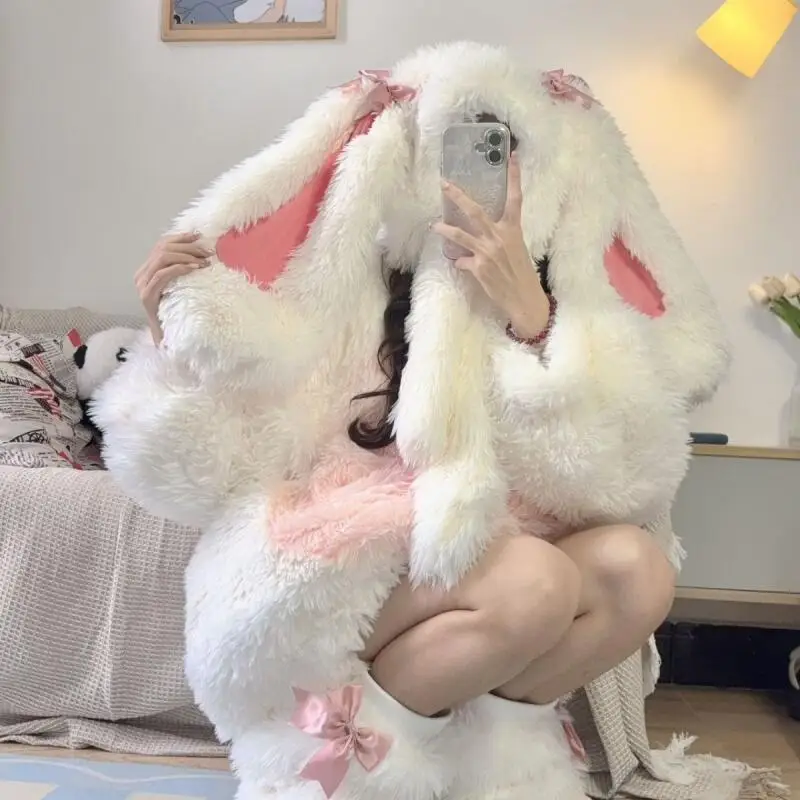 

Winter Girl Long-Eared Rabbit Suit Fleece-Lined Thicken Sweet Keep Warm Rabbit Ear Hat Fuzzy Top Skirt Calf Socks Four-Piece Set