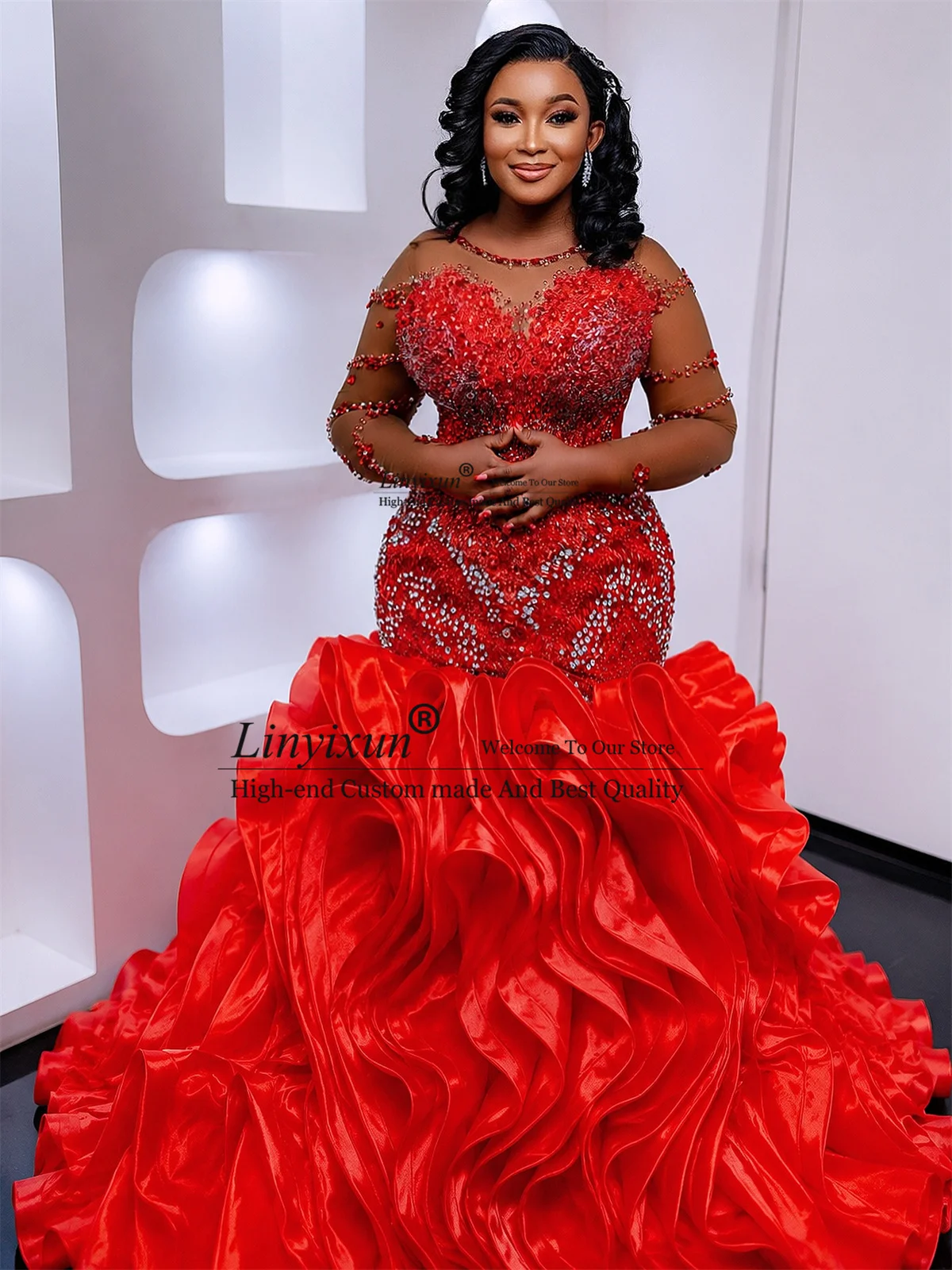 Aso Ebi Langes Meerjungfrauen-Abschlussballkleid mit Perlenkristallen, langes Damen-Hochzeitskleid, maßgeschneiderte afrikanische Rüschenkleider für festliche Anlässe