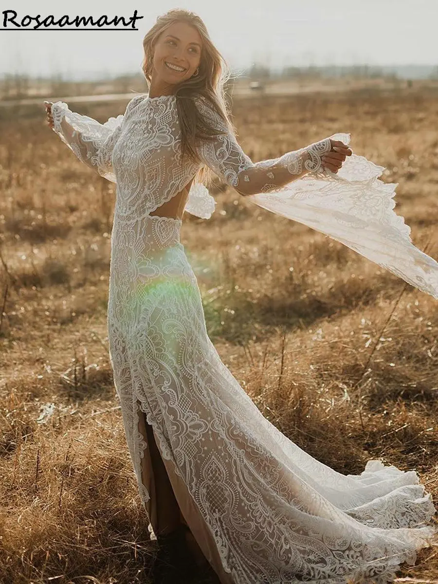 Bohemian Front Split Open Back Mermaid Wedding Dresses Long Sleeve Appliques Lace Country Boho Bridal Gowns