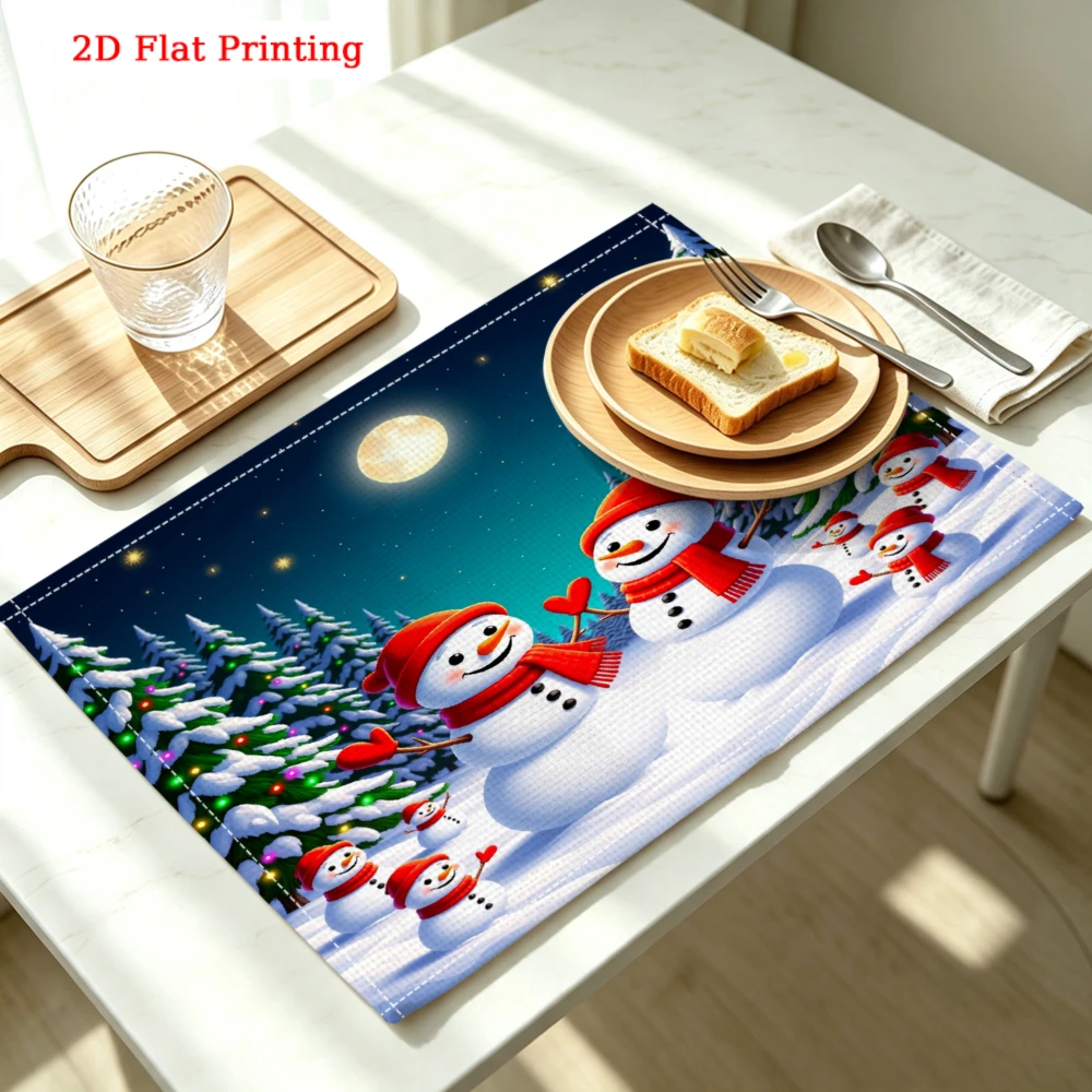 Snowmen Winter Night Scene Print Kitchen Placemat Coaster Linen Pad Dish Coffee Cup Table Mat 30x40cm Home Decor