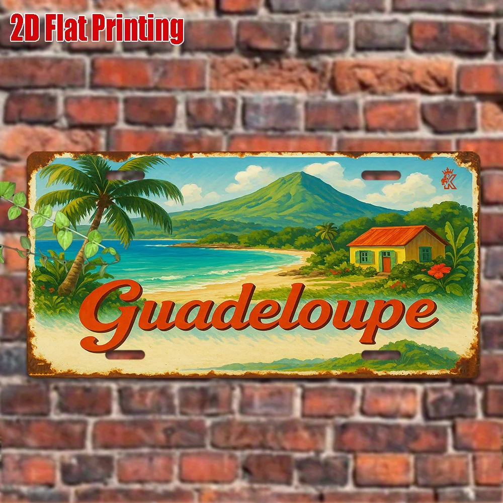 [JIT] 2D Flat, Vintage Guadeloupe Metal Plates - 2D Flat Print, 11, 8x5, 9 Inches, Tropical Beach and Mountain Views, Aluminum W