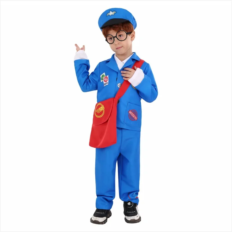 WU01 Kids Delivery Man Postman Cosplay Blue Uniform Boys Girls Mailman Halloween Cosplay Costumes Purim Carnival PerformancJk5*！