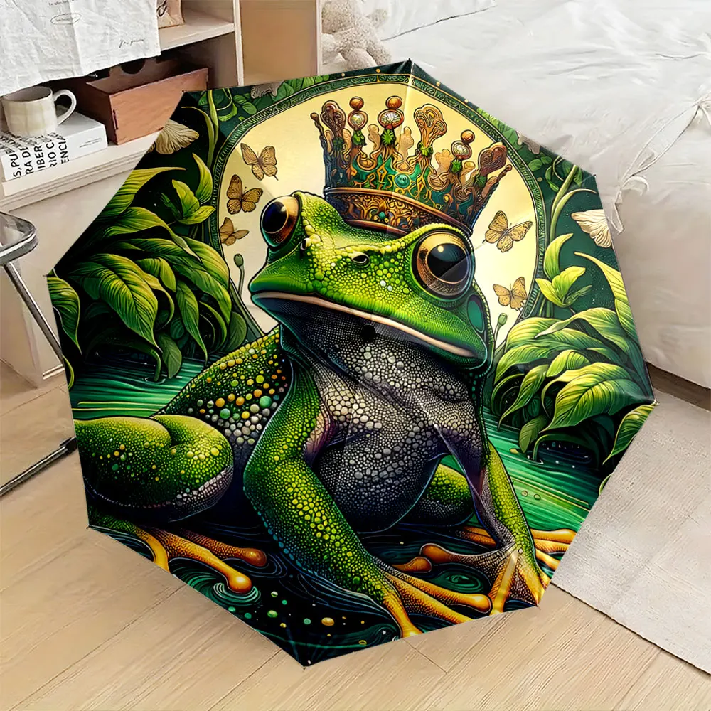 1PC Majestic Frog Umbrella with Regal Greenery Design Print 8 Iron Ribs Folding Umbrella Auto-Open Fashion Sunshade