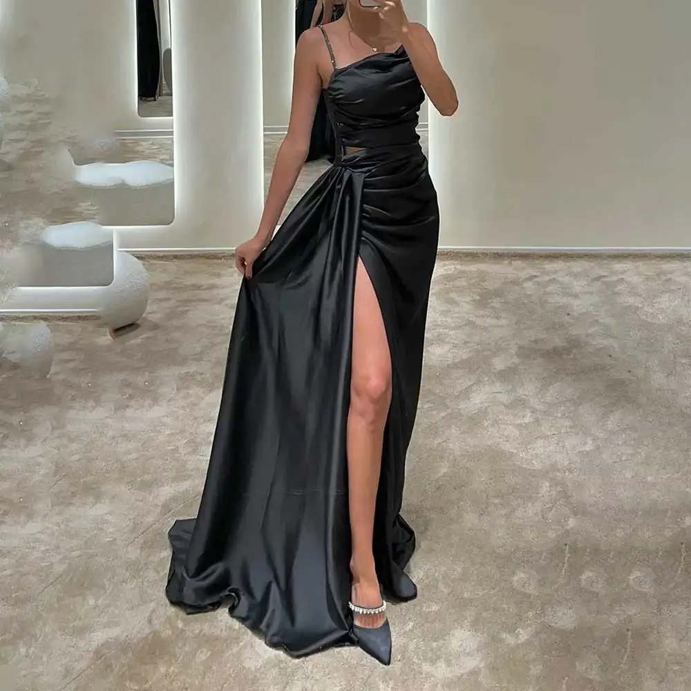 2025 New Elegant Sleeveless Side Slit Pleated Spaghetti Strap Evening Dress For Women Prom Dresses Formal Gowns فساتين سهرة