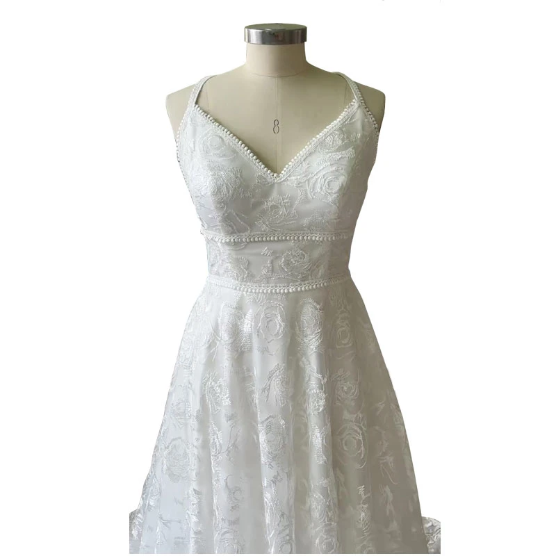 Side Split Boho Spaghetti Straps A-line Bridal Wedding Dress V Neck Backless Brush Train Floral Lace Bride Gown Custom Made