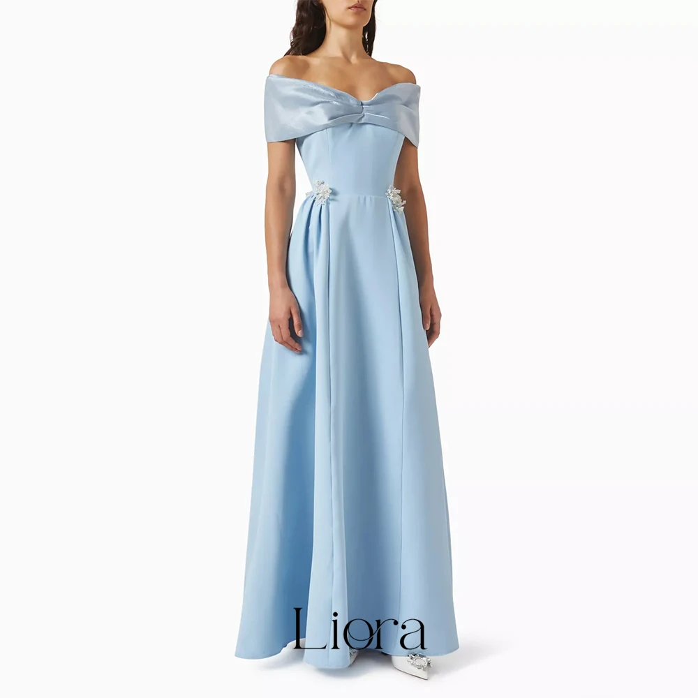 Vestido de noche personalizado Liora con hombros descubiertos, corte en A, largo hasta el suelo, con apliques florales de cristal, estilo princesa, para invitadas de boda