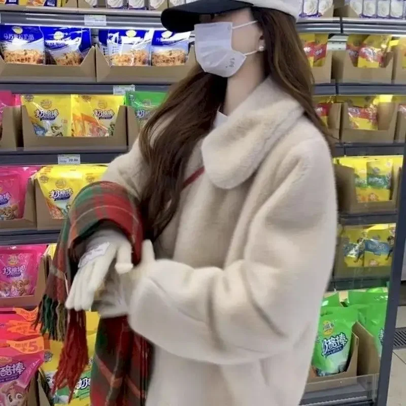 Y2k Zimní teplé klopové kožichy s ochranou životního prostředí pro ženy Korejská móda Volné ležérní dámské béžové bundy Nové - náhled 6