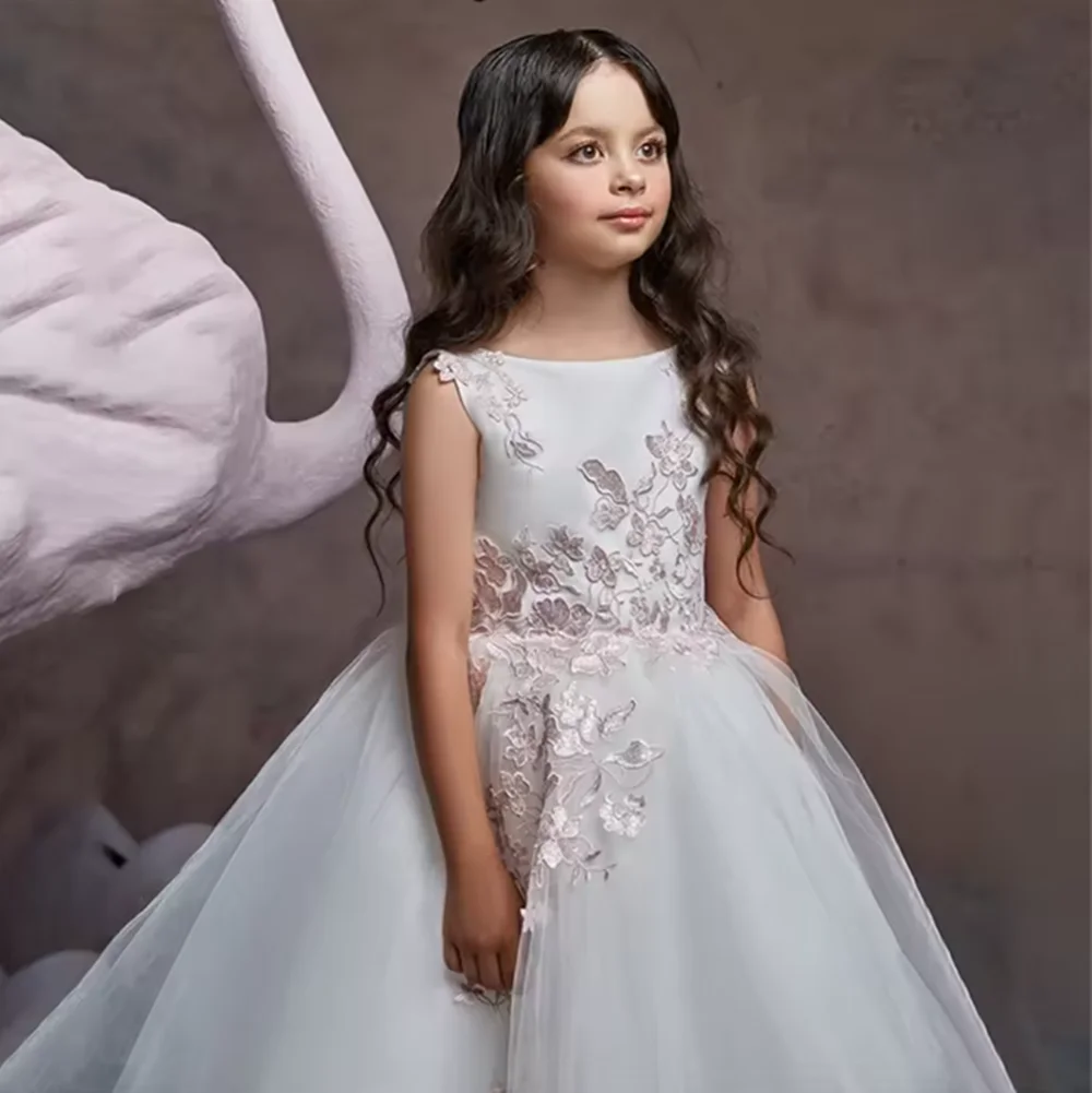 

Customized Flower Girl Dress For Wedding Tulle Floor Length Applique Fluffy First Communion Evening Party Pageant Prom Ball Gown