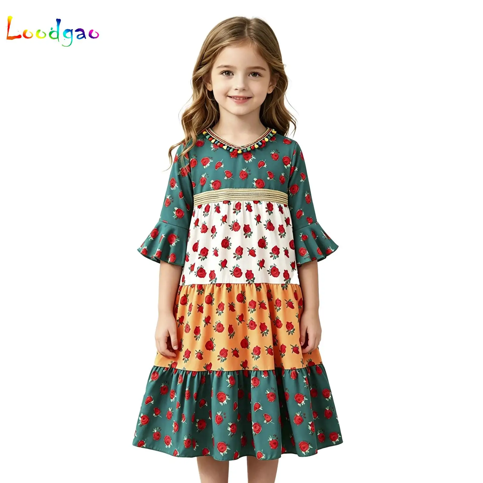 

Bohemian-style Lace Dress Girls Vintage Sweet Pastoral Dress V Neck Bell Sleeve Color Block Design Ruffle Dress for Casual Life