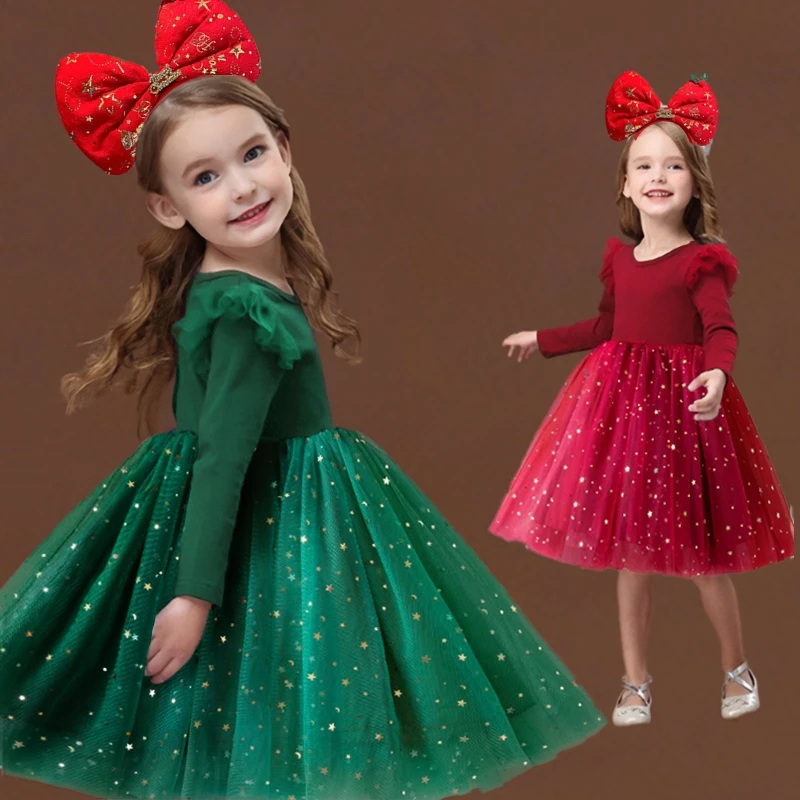 2024 New Girls Long Sleeve Autumn Winter Casual Dress Kids Sequined Tulle Tutu Princess Wedding Birthday Party Christmas Clothes