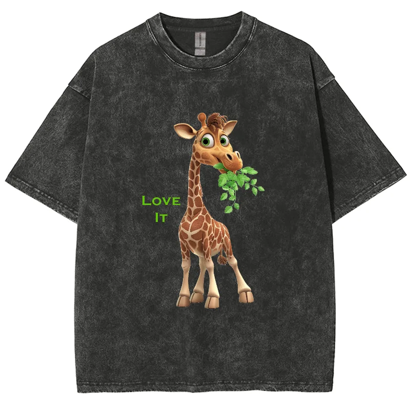 

Loose Washed T-shirt Denim Loose Round Neck Animal Print Large Size Unisex Short Sleeve Street American Vintage Casual