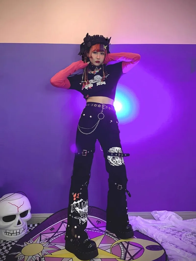 Otoño Punk nuevo suelo europeo y americano Cool Y2K pantalones de calle millenaria versátil negro oscuro pantalones casuales de moda mujeres