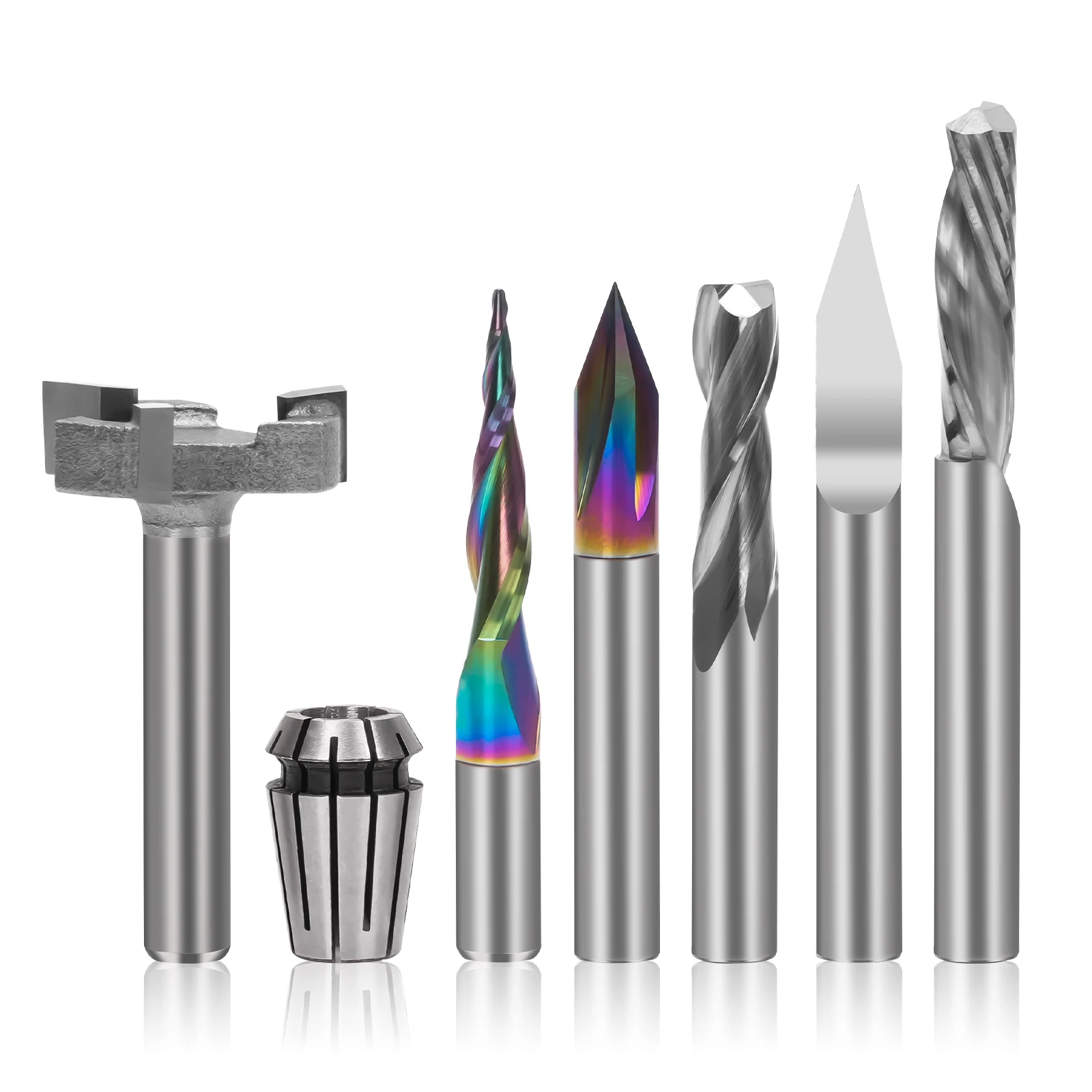 1/4" Shank CNC Router Bit Essential Kit Includes high Precision 1/4" ER11 High Precision Collet, V-bit, End Mills, Chamfering Bi