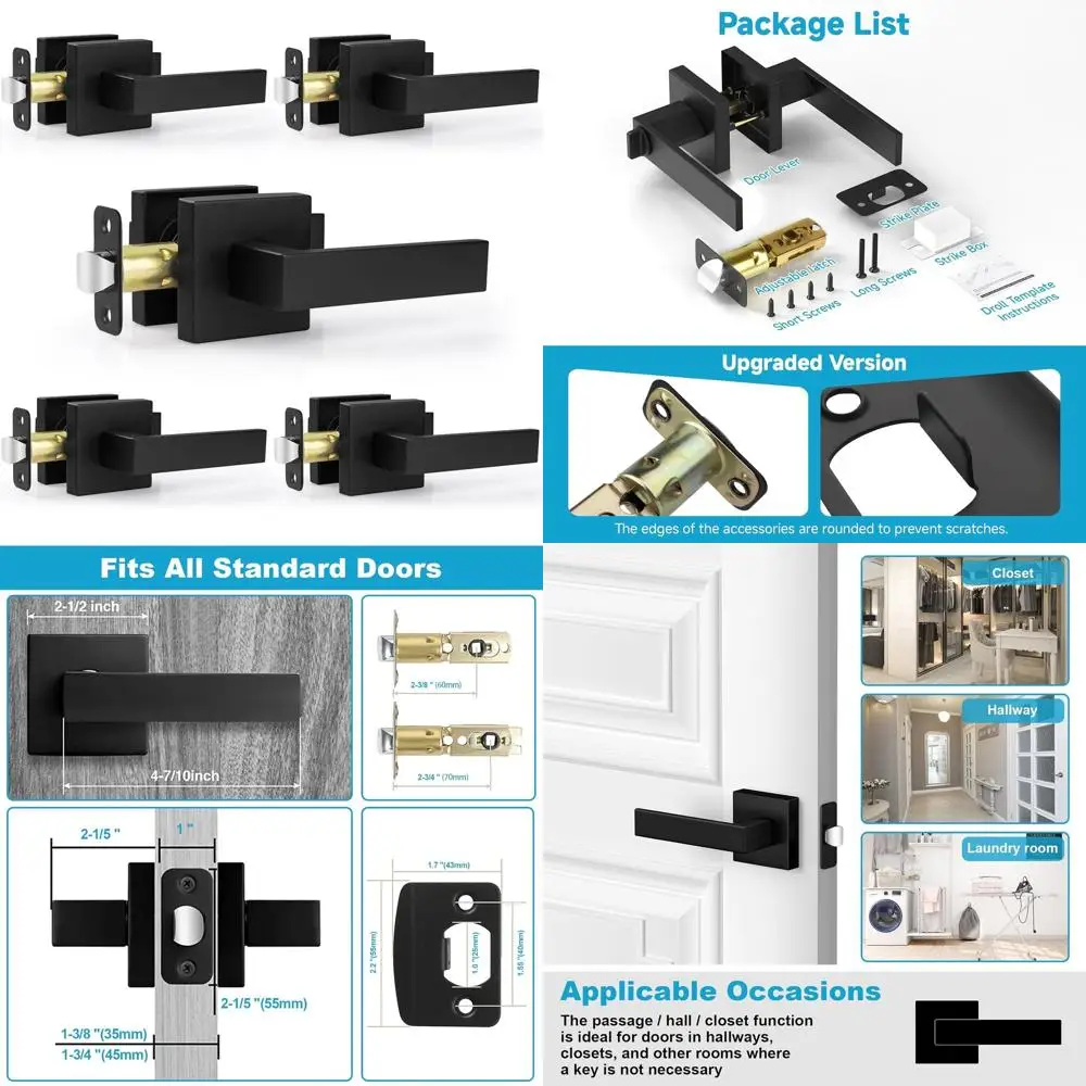 

Матовые черные квадратные внутренние дверные ручки, сверхпрочные, неблокирующиеся, двусторонние для правой или левой двери