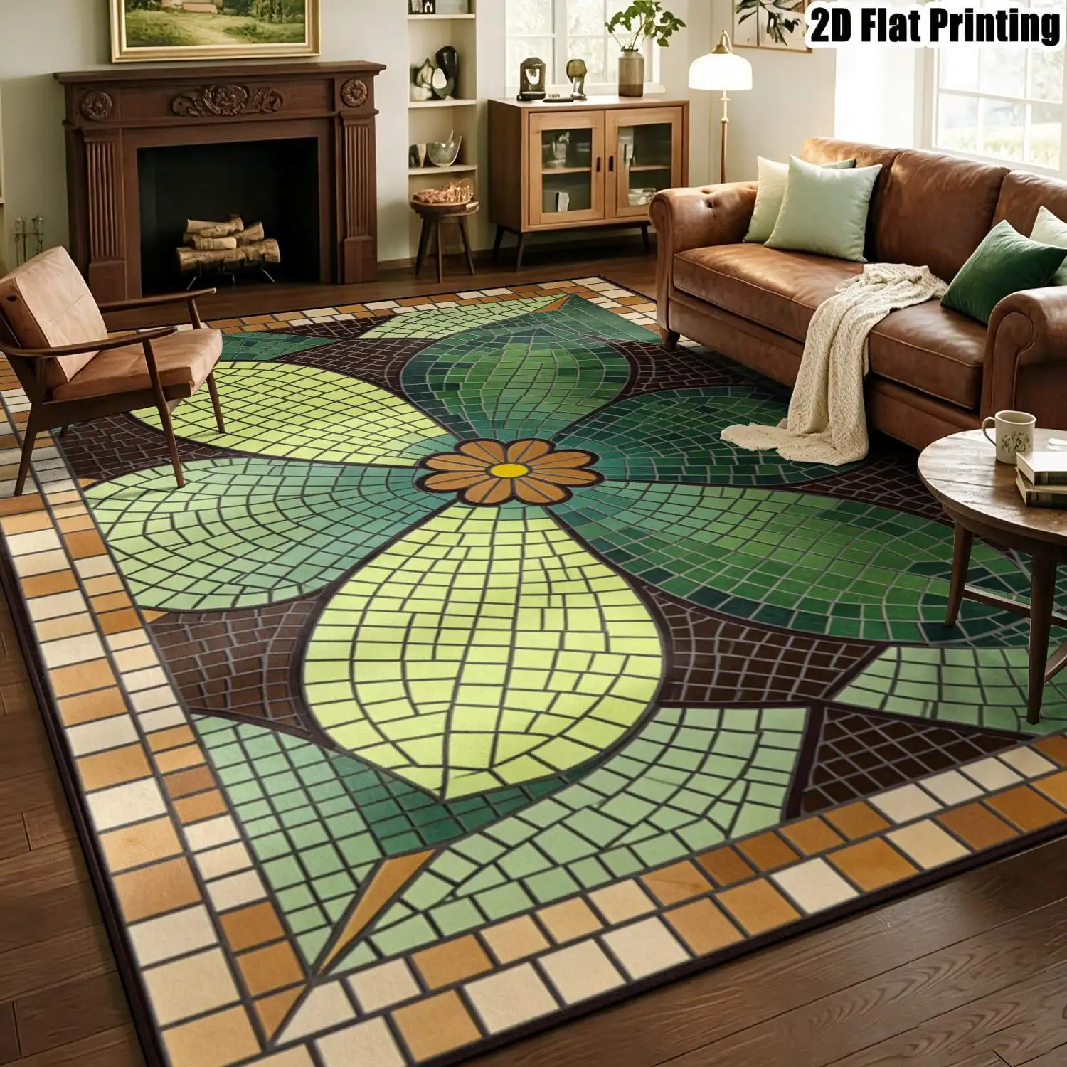 1Pc 2D Printed Carpet: Green-Blue Floral Mosaic, Vintage & Nordic Style, Machine Washable, Multi-Size, Ideal for Home Decor & Various Settings