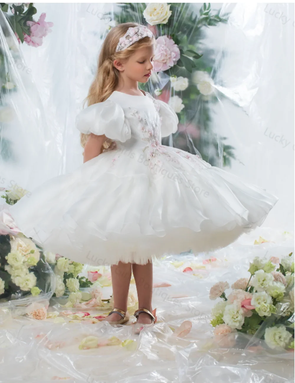 Vestidos de flores para niña, vestidos formales con cuello en V, Apliques de encaje hinchados sin mangas para fiesta de boda, vestidos de primera comunión