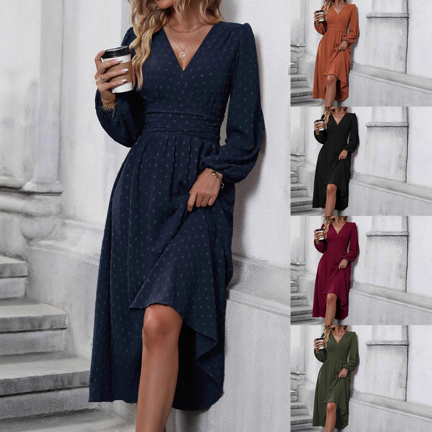 

New Autumn/Winter V-Neck Dress - European Style Pompom Lantern Sleeve Pleated Waist Dress