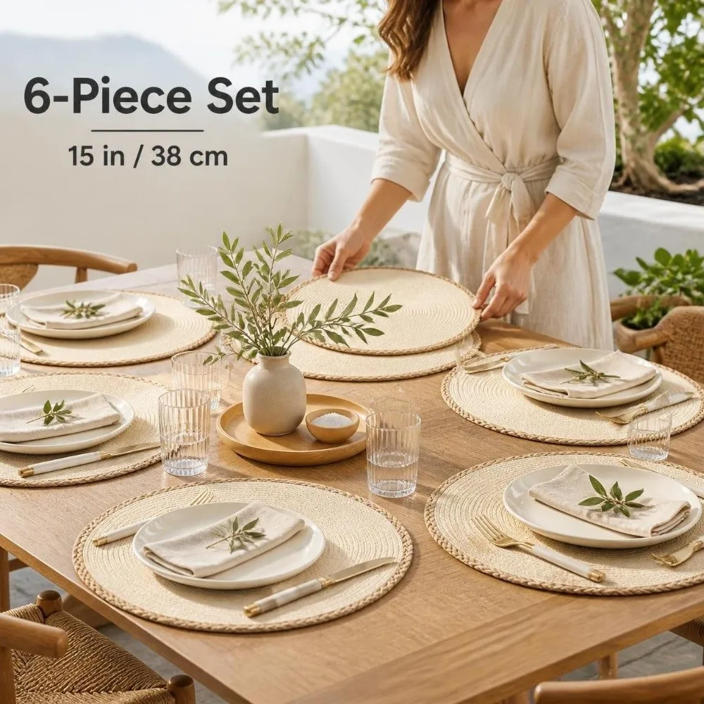 6pcs/set Bohemia Round Woven Placemats 15in Non Slip Boho Braided Table Mats Heat Resistant Washable Woven Dish Mats