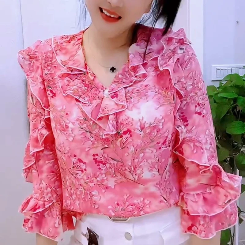 Elegant V-Neck Button Ruffles Printed Butterfly Sleeve Blouses Women\'s Clothing 2024 Summer Loose Chic Tops Office Lady Shirts