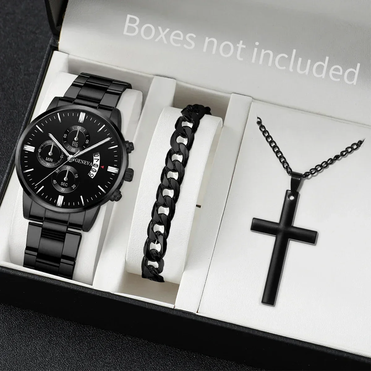 Classic Silver Tone Male Accessory Kit, Analog Chronograph Steel Band Watch With Thick Cuban Link Bracelet Cross Pendant Necklac