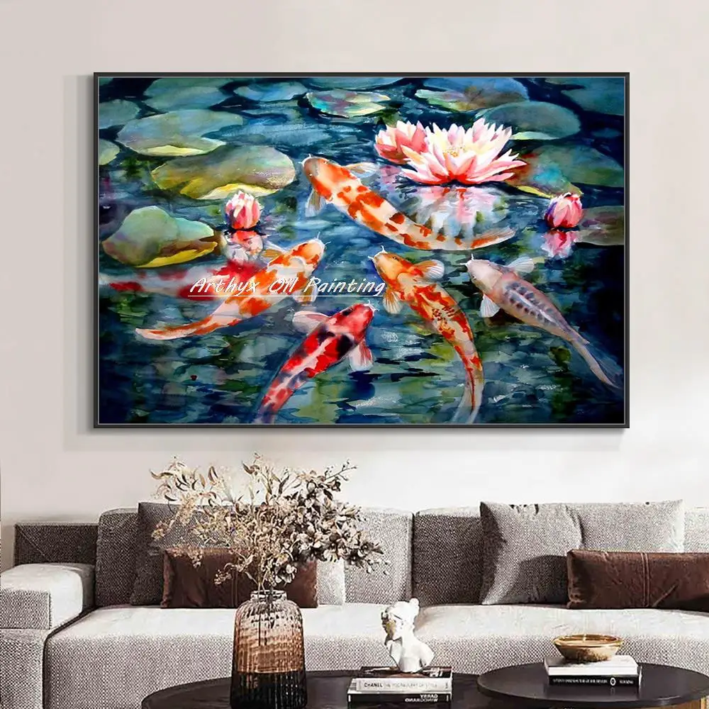 

Arthyx,Large Handpainted Koi Animal Fish Oil Painting On Canvas,Modern Home Decoration,Abstract Wall Art Picture For Living Room